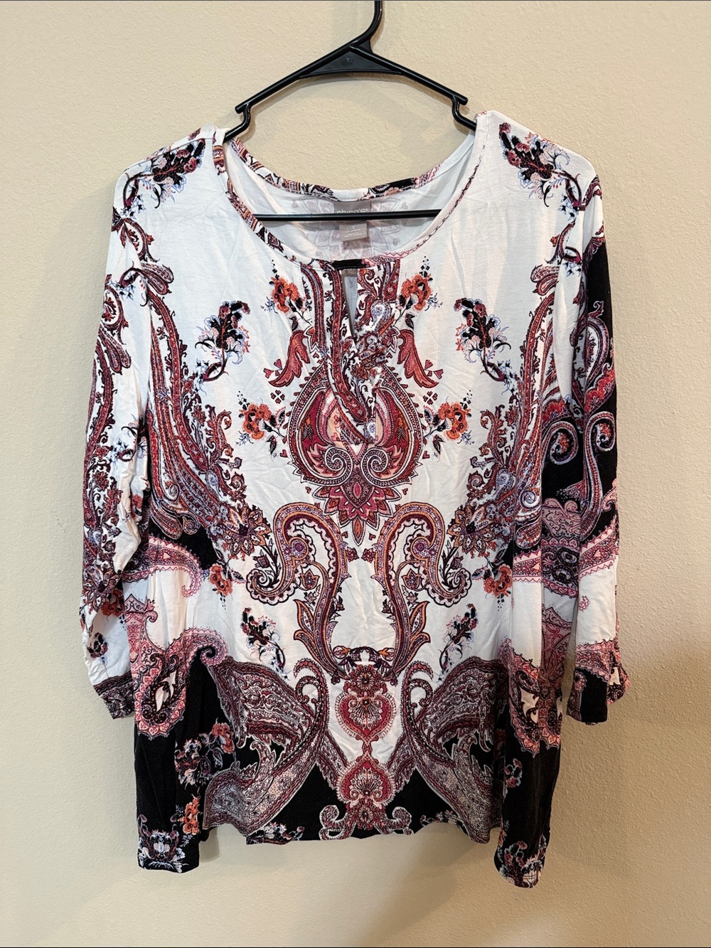 Chico's White and Burgundy Paisley Scoop-Neck Blouse